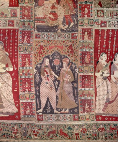 ヨーロッパの人物で飾られた壁掛けの詳細（塗られた綿） 作： Indian School