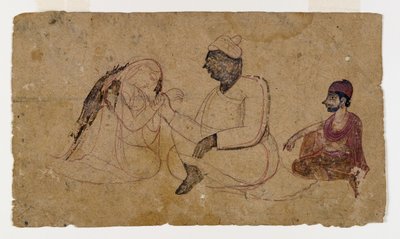 着席した3人の人物の絵、1750年頃（紙にインクと色） 作： Indian School