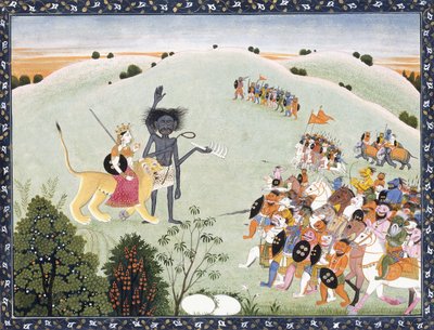 進化する悪魔のホストの前に立つドゥルガーとカーリ、1800年から1820年 作： Indian School