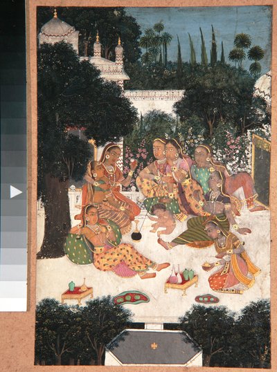宮殿のテラスに立つ8人の女性と子供、1760年頃（紙に不透明なトイレ） 作： Indian School