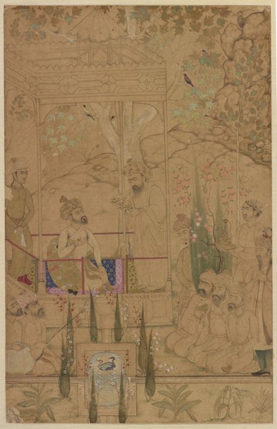 庭に付添人がいるバーバー皇帝、1590年頃 作： Indian School