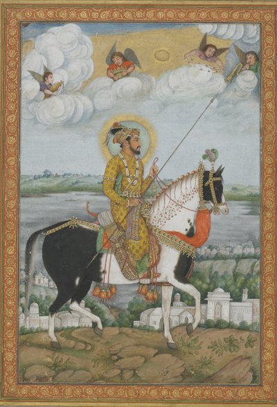 ケボルキアンアルバムの皇帝シャージャハーンの乗馬の肖像（不透明な水彩画と紙の上の金） 作： Indian School