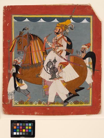 水ギセルと使用人がいる乗馬ラジャビムシン、1820年頃（不透明w - c、紙に金と銀） 作： Indian School