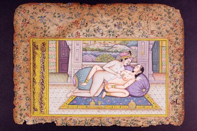 豪華な私室、ラージャスターンのミニチュア絵画のエロティックなシーン 作： Indian School