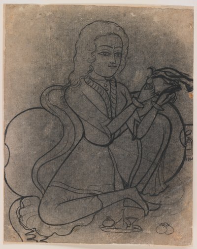 オウムの餌やり、1780年頃のヨーロッパの少女 作： Indian School
