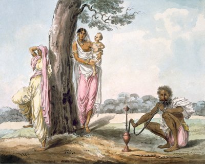 家族：水ギセルを吸う男とヨガをしている女の子、1850年頃（紙にトイレ） 作： Indian School