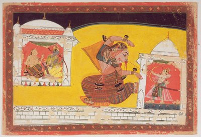 Folio 27 Laksmamaは、17世紀後半、ラージプート学校、マルワ、デヴァナガリの裏面に刻まれたラーマヤナからスルパナカの鼻を切り取りました 作： Indian School