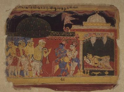フォリオ。クリシュナとバララマに別れを告げるナンダ（『バガヴィタ・プラーナ』より、ラジャスタン州 作： Indian School