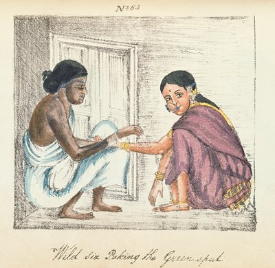 「インドのさまざまなカーストのダイジェスト」からの占い師と女性、Venkata Ramasvani作、マドラス1837年発行（カラーリソ） 作： Indian School