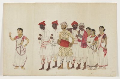 1830年頃、ミュージシャンと列をなして踊る4人の女性ダンサー（不透明なトイレと紙の上の金） 作： Indian School