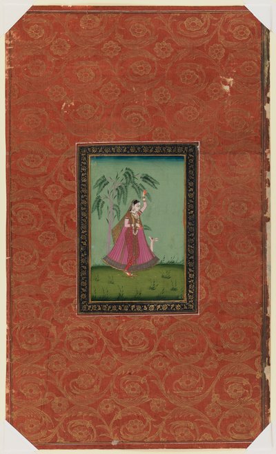 鹿を持つ少女、1875-1900（紙に不透明なトイレと金） 作： Indian School