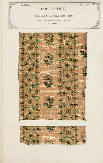 1866年に出版されたジョン・フォーブス・ワトソンの「The Collection of the Textile Manufacturers of India」より、マドラスの金とカブトムシの羽の刺繍サンプル（ミクストメディア 作： Indian School