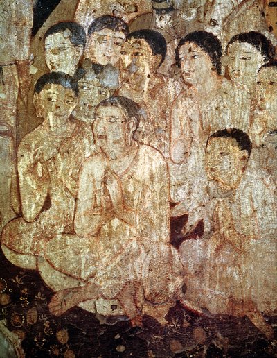 洞窟17の内部から仏の死を悼む弟子のグループ 作： Indian School