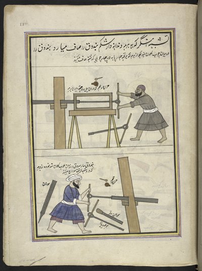 砲身に穴をあけるガンスミス、  カシミールでの取引と職業を描いた 86 枚の図面が綴じられており、職人が道具や設備を使って仕事をしている様子が示されています。  おそらくスリナガルのカシミールのアーティストによる、1850〜60年頃（紙にガッシュ） 作： Indian School