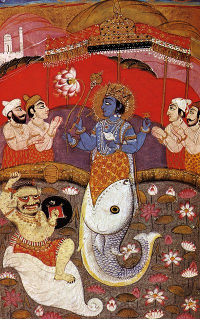 ヒンドゥー教 ヴィシュヌ、ヒンズー教の三位一体の第 2 の神、20 世紀 (版画) 作： Indian School