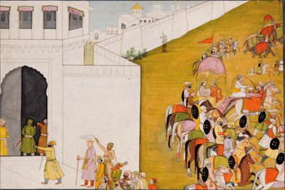 ラーマーヤナへの挿絵：ラーマはミシラに入り、アーチェリーコンテストを行います。c.1775-80 作： Indian School