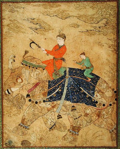で。11.37r 王子が象に乗っている、1600年頃（ベラム製） 作： Indian School