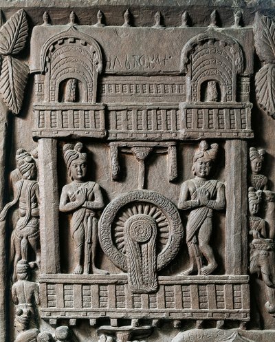 インド美術、ヒンドゥー教：ゴータマ仏陀（ブッダ）へのプラセンジット2世の最後の訪問を表す低層レリーフ。紀元前2世紀コルカタ、インド博物館 作： Indian School
