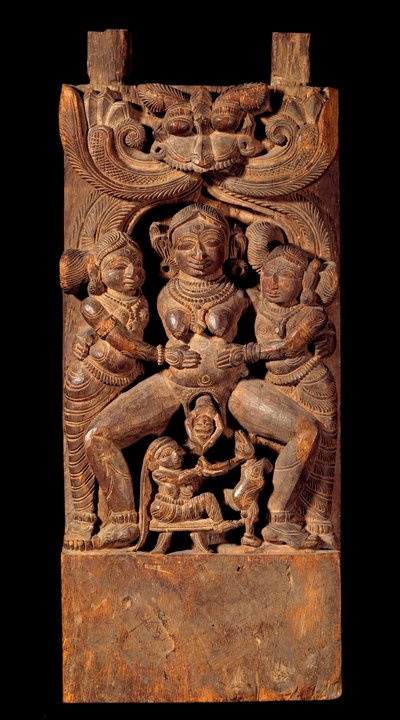 インド美術：出産する母なる女神マハマイの表現。18世紀の木製レリーフ 個人蔵 作： Indian School