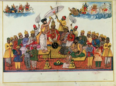 ソーマで油を注がれる神々の王インドラ 作： Indian School