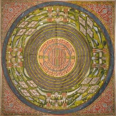 宇宙のジャイナ教図 (Jambudvipa) (綿布にグワッシュ) 作： Indian School