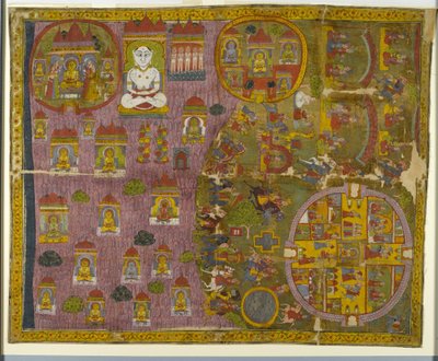 ラージャスターン州で作られたジャイナの巡礼、c.1750（不透明なトイレと布に金） 作： Indian School
