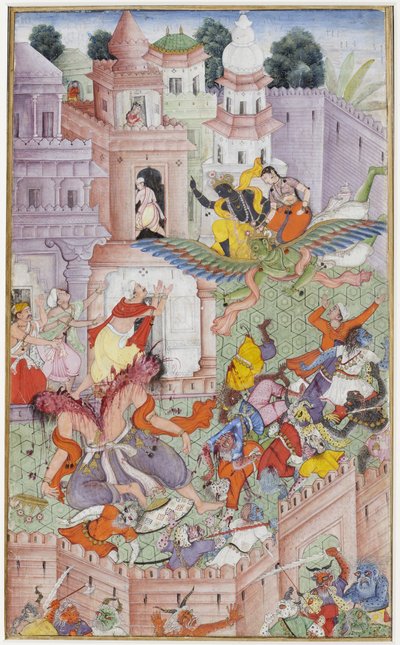 クリシュナは円盤で悪魔のなかすらを裂く、1585-90年（紙に不透明なトイレと金） 作： Indian School