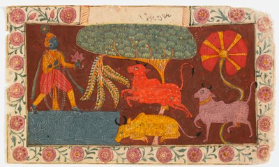 バガヴァタプラーナからのクリシュナと牛の池（紙に不透明なトイレ） 作： Indian School
