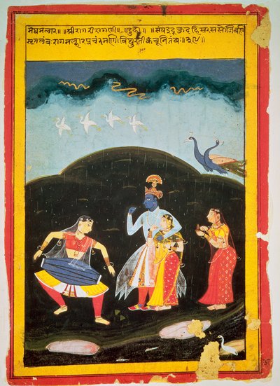 2人のミュージシャンRajasthanと雨の中でのクリシュナとラダ 作： Indian School