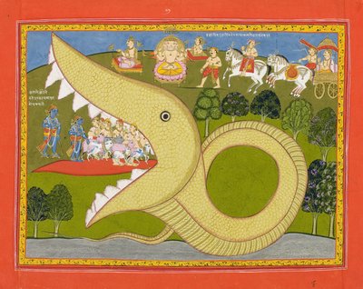 クリシュナと牛群はアガスラスの口に入る、1800年頃（不透明なトイレと紙の上の金） 作： Indian School