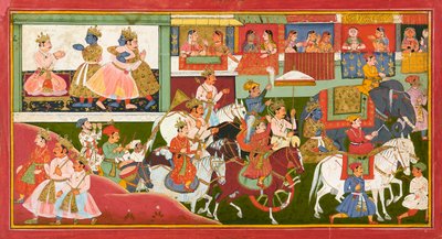 クリシュナは1680年から1690年にバガヴァタプラーナから別れのフォリオを入札しました 作： Indian School