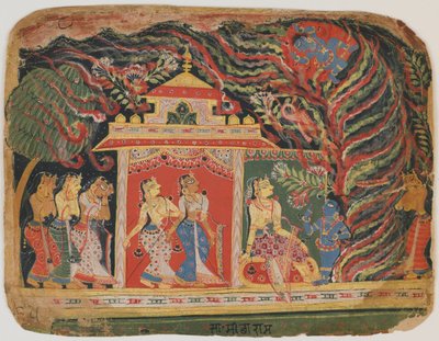 クリシュナは、バガヴァタプラーナから旋風の悪魔によって運ばれました。 c.1520-30（紙に不透明なトイレ） 作： Indian School