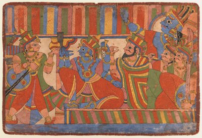 クリシュナはパンダバの指導者に助言します、1830-50年頃（紙に不透明なトイレ） 作： Indian School