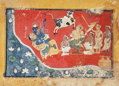 クリシュナは川のそばの悪魔を倒しました、1560年頃（紙に不透明なトイレ） 作： Indian School
