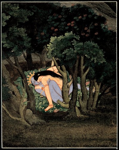Krishna enlace par Radha (ラダに抱かれたクリシュナ) - インドの芸術、紙にグワッシュ、1775 年頃 作： Indian School