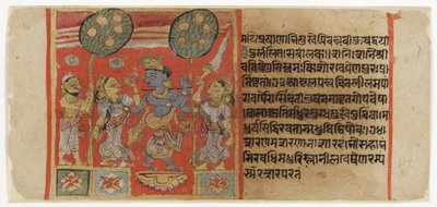 2つのgopisの前でクリシュナがフルートを執り、信者を見て、Balagopalastuti c.1450から（不透明なトイレと紙に金色） 作： Indian School