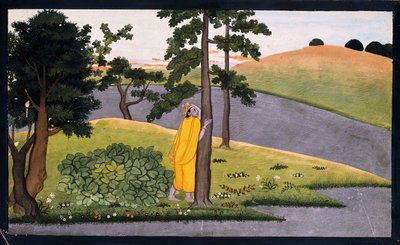 木に寄りかかって、ラーダを待つクリシュナ、1780年頃 作： Indian School