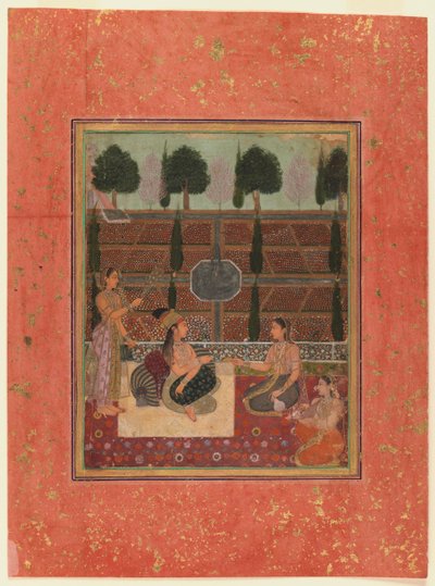 テラスの女性たち、ムガールスタイル、1700-10年頃（金色の縞模様の紙にトイレ） 作： Indian School