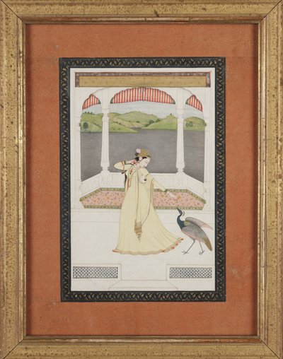 Senhora seduzindo um pavão com um colar de pérolas, c.1800 (guache e ouro sobre papel) 作： Indian School