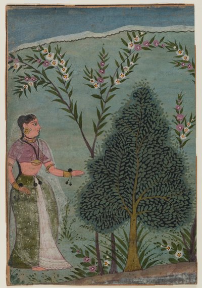 荒野の女性、バガヴァタプラナシリーズのページの断片、1590〜1600年頃（紙と紙と金） 作： Indian School