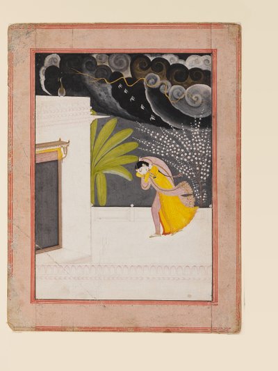 雨宿りをするテラスの女性、19世紀初頭、紙にグワッシュ、金彩 作： Indian School