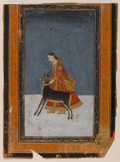 黒い木びき台の女性、c.1750（紙にトイレと金） 作： Indian School