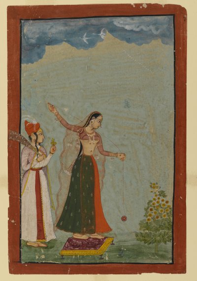 ヨーヨーを持つ女性、1770年頃（紙に不透明なトイレとゴールド） 作： Indian School