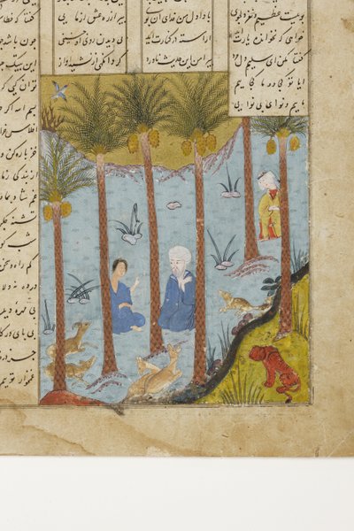 ライラがヤシの木立でマイヌンを訪問、1475年頃（不透明なトイレと紙の上の金） 作： Indian School