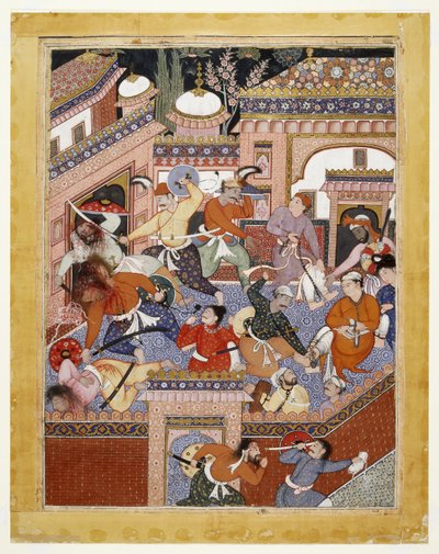 Songhur BalkhiとLulu the Spyが率いるAyyarsは刑務所警備員の喉を切り裂き、フリーサイドのFarrukh-Nizhad、1557年-1572年（不透明な水彩画と綿の布に金色） 作： Indian School