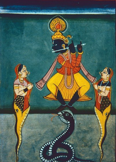 クリシュナ神 （ガッシュ、水彩、紙） 作： Indian School