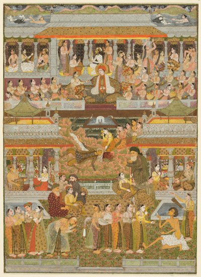 愛好家と最愛の人：ペルシャ語、ウルドゥー語、サンスクリット語の文学のシーンの合成、c。 1735年（紙に金を塗った不透明な水彩画） 作： Indian School