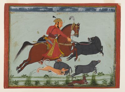 Mewar Hunting BoarのMaharaja Pratap Singh II、c.1750-75（紙に水彩、金と銀） 作： Indian School