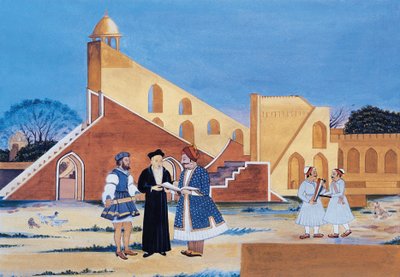 マハラジャ・サワイ・ジャイ・シン2世の絵画、ジャンタル・マンタル、ジャイプール、ラジャスタン、インド（紙に水彩画） 作： インドの学校