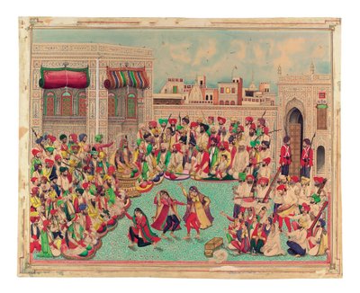 Maharaja Sher Singh and Companions Watching a Dance Performance、c.1850（不透明な水彩画と紙に金色） 作： Indian School